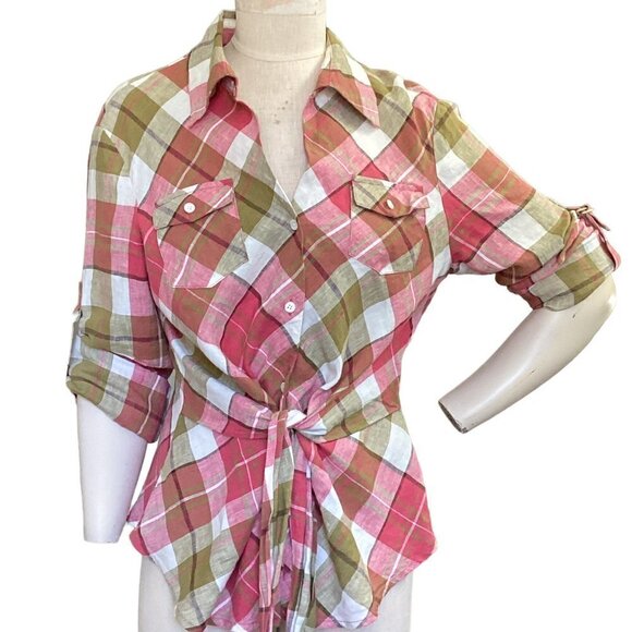 Jones New York Signature Linen Plaid Button Down Shirt Tie Waist Sz L #77M - Picture 2 of 8
